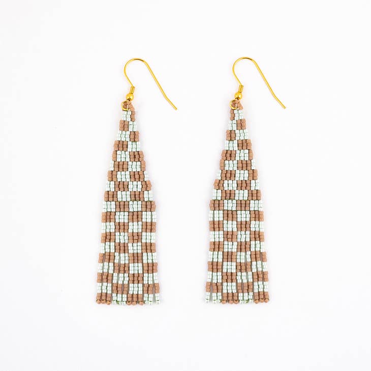 Checkerboard Fringe Earrings - Seafoam Sand