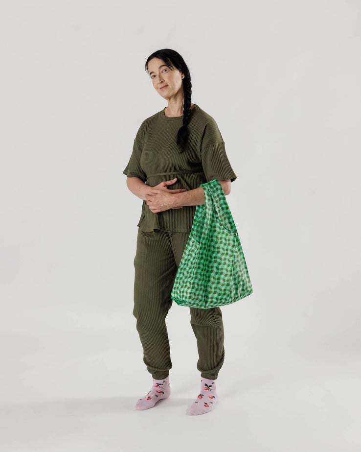 Wavy Gingham Green Reusable Tote