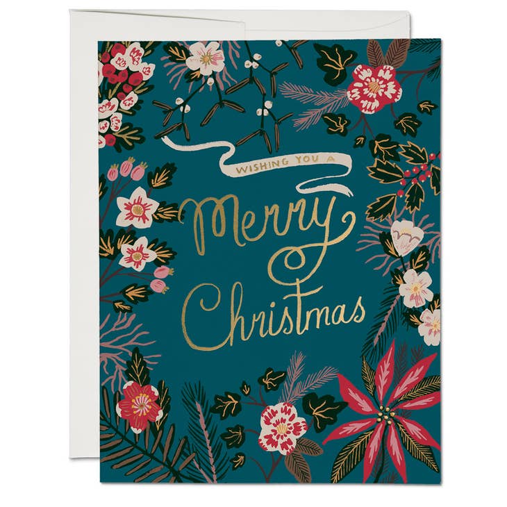 Blue Poinsettia Christmas Card - Set of 8
