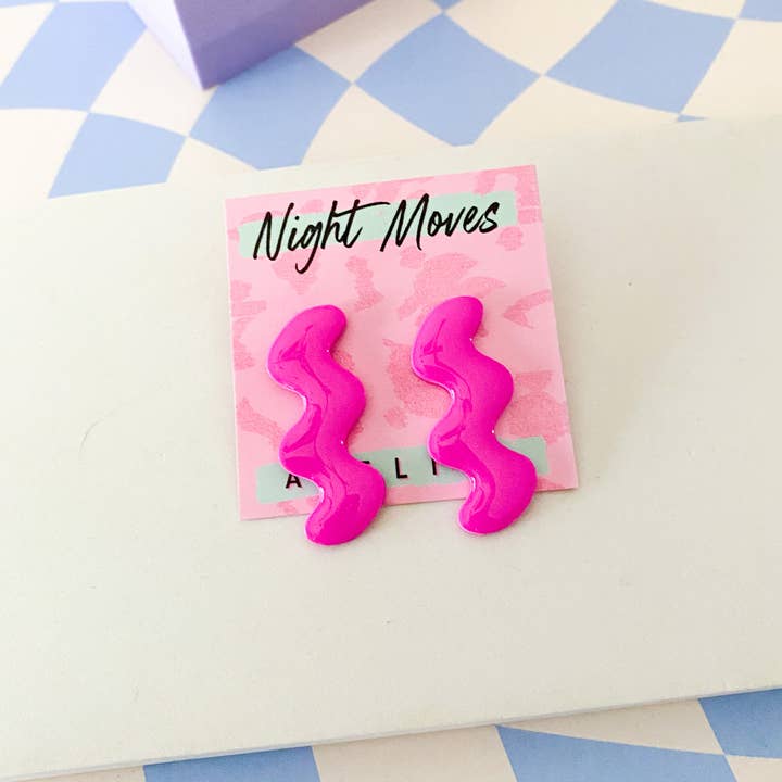 Polymer Clay Abstract Squiggle Stud Earrings in Fuchsia