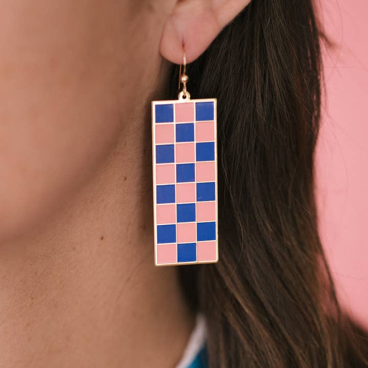 Tall Checker Earrings | Pink/ Cobalt