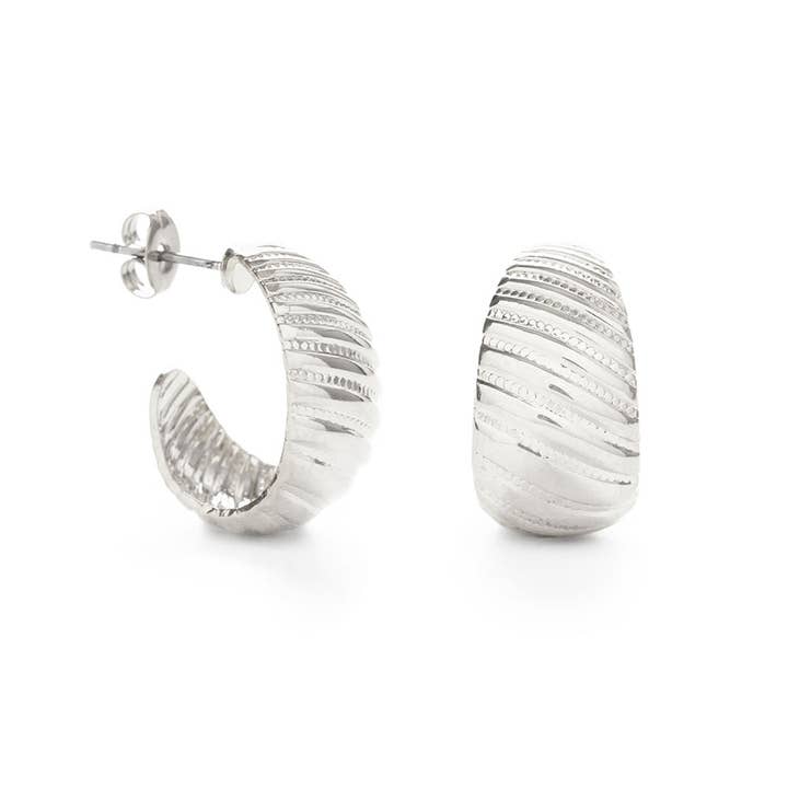 Vintage Beaded Shell Hoop Earrings|Silver