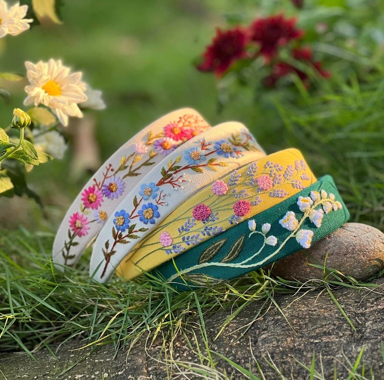 Floral Embroidered Headband - Green | Hartford Prints display picture 1