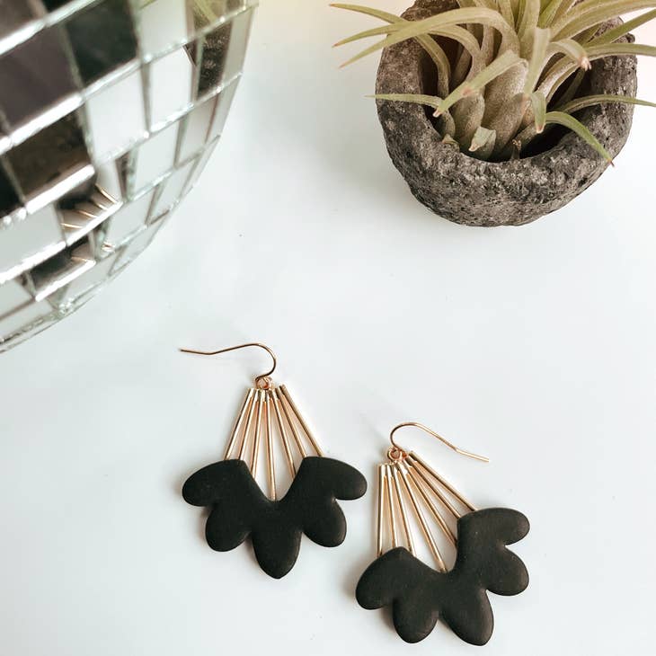 Black Flower Earrings Elegant Gold Polymer Clay Trendy
