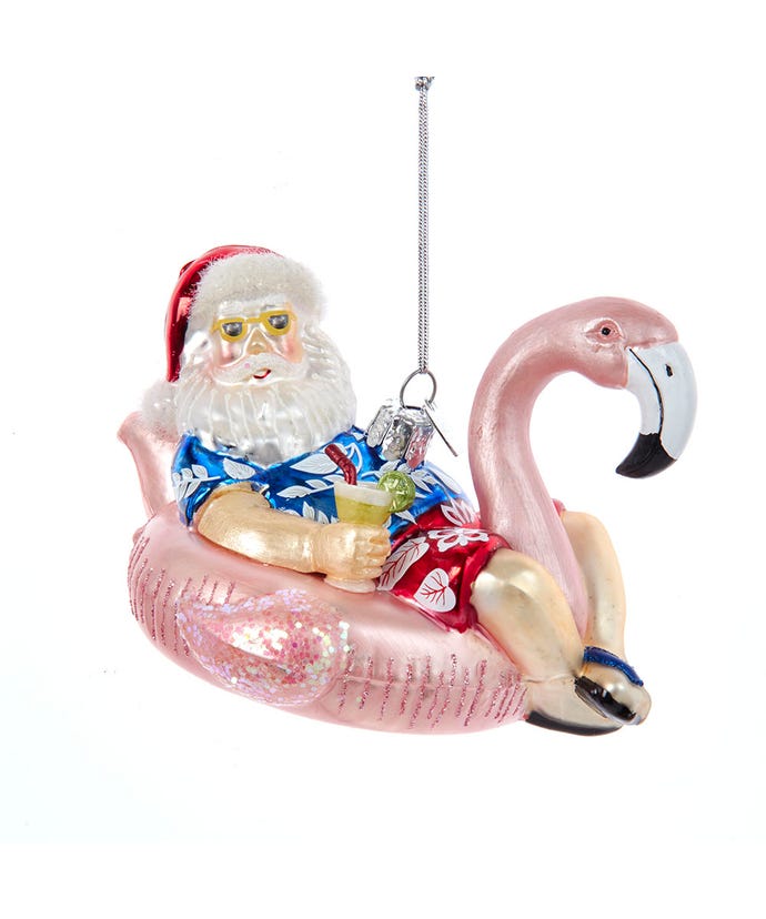 Santa In Flamingo Pool Float Ornament