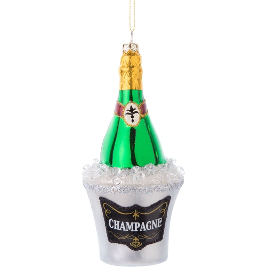Blown glass champagne bottle in ice bucket ornament
