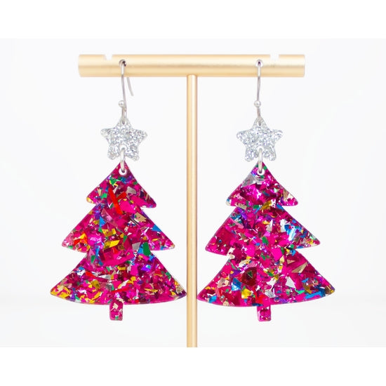 Christmas Tree Pink Glitter Earrings