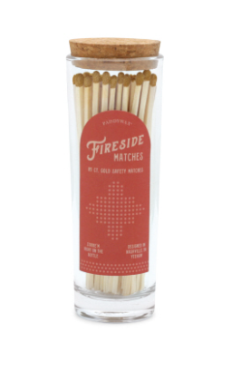 FIRESIDE TALL SAFETY MATCHES WITH MATTE GOLD TIP IN GLASS CONTAINER + CORK LID (85 COUNT