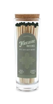 FIRESIDE TALL SAFETY MATCHES WITH OLIVE GREEN TIP IN GLASS CONTAINER + CORK LID (85 COUNT)