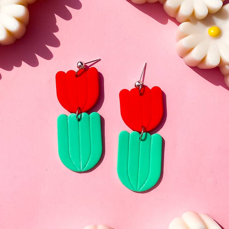 Red Tulip Polymer Clay Dangle Earrings