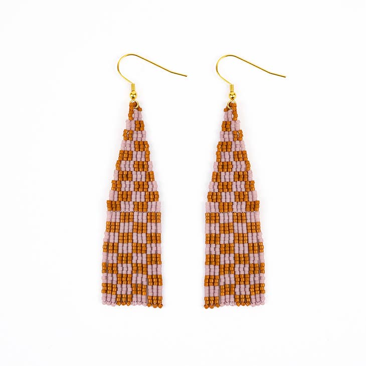 Checkerboard Fringe Earrings - Lilac Clay